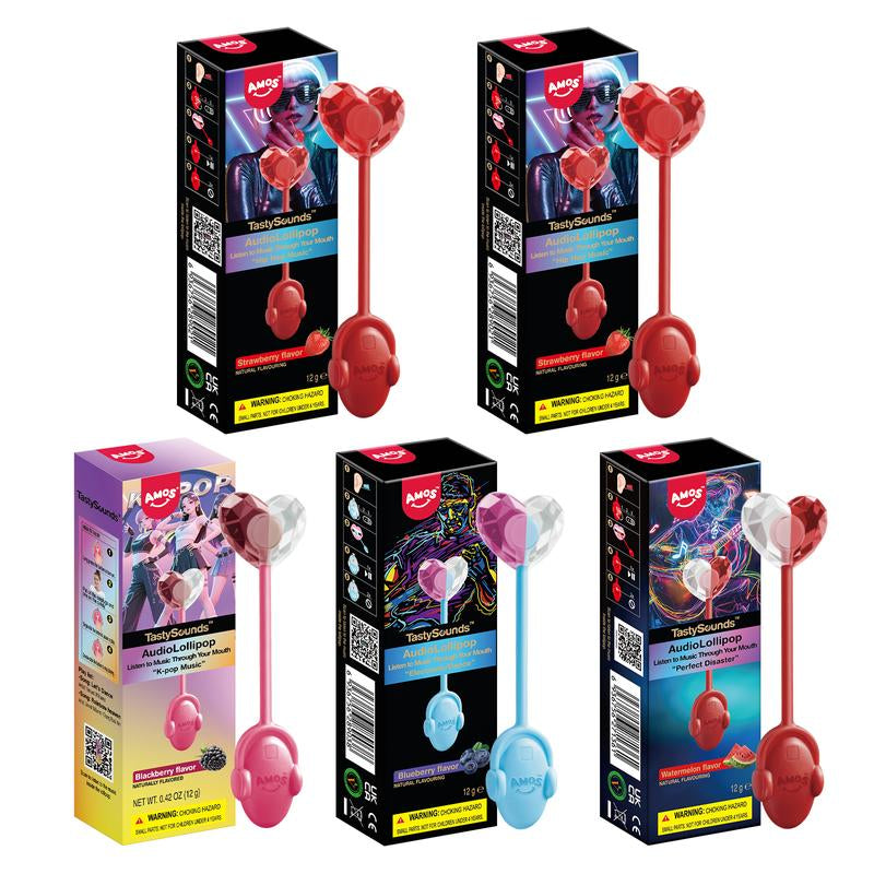 Amos Tastysounds Music Lollipops – Heart-Shaped, Sugar-Free Audio Candies with Bone Conduction Tech | K-Pop Vibe | Strawberry, Blueberry, Watermelon, Blackberry
