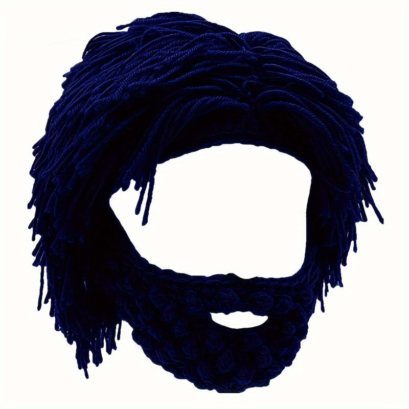 Acrylic Punk Style Beanie with Attached Straight Hair Wig and Knitted Beard, Fun Party Ski Mask Hat for Halloween, Christmas, and Holiday Celebrations Accessory Gift Black