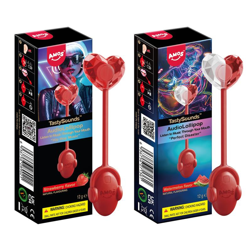 Amos Tastysounds Music Lollipops – Heart-Shaped, Sugar-Free Audio Candies with Bone Conduction Tech | K-Pop Vibe | Strawberry, Blueberry, Watermelon, Blackberry