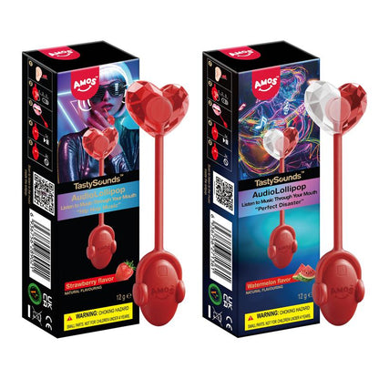 Amos Tastysounds Music Lollipops – Heart-Shaped, Sugar-Free Audio Candies with Bone Conduction Tech | K-Pop Vibe | Strawberry, Blueberry, Watermelon, Blackberry