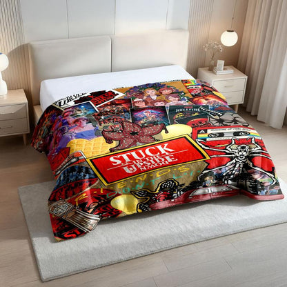 Stranger Things Collage-Style Flannel Blanket, Soft Cozy Warm, Features Upside down & Demogorgon, Ideal Gift for Netflix Fans