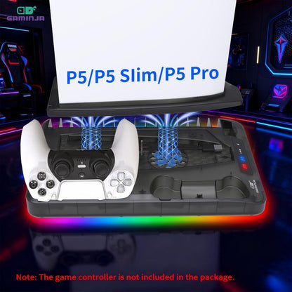 GAMINJA P58 Charging Base Cooling Bracket Compatible with PS5 Console, Vertical Stand Cooling Fan, Multi-Functional Cooling & Charging Station for PS5 Slim Pro All Model Universal