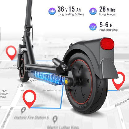 Max Pro Electric Scooter 500W Rear Drive Motor 25MPH Top Speed Dual Hydraulic Suspension 15Ah Large Battery 28 Miles Long Range 5H Fast Charging Foldable Design Smart APP Control Front and Rear Lights Official Warranty