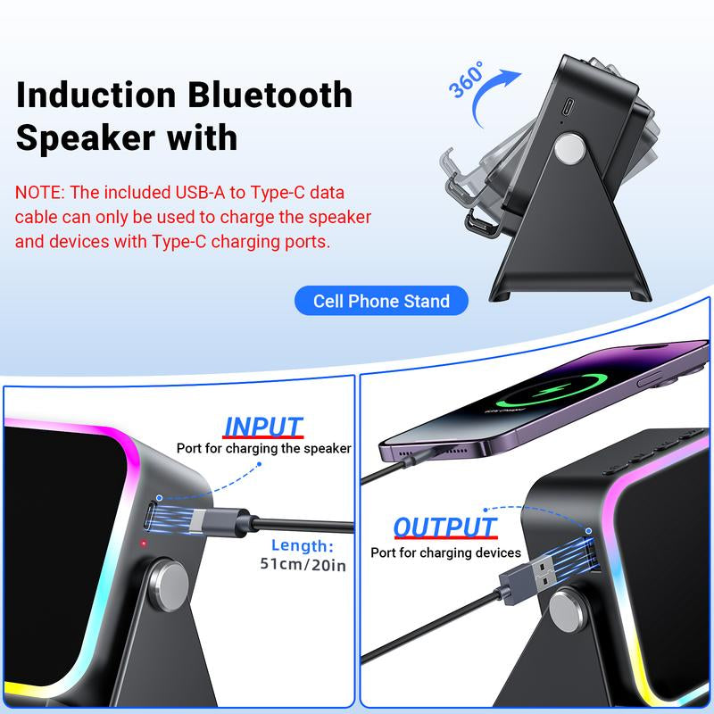 Wireless Induction Audio Speaker Stand, 5In1 Cellphone Holder, 3500Mah Rechargeable Emergency Power Bank,360° Adjustable Mobile Tablet Stand with Colorful Ambient Light Gifts for Men Women,Tiktokshopholidayhaul