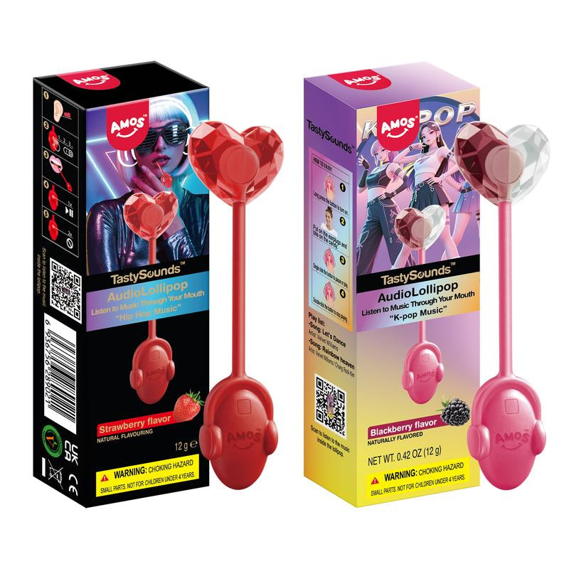 Amos Tastysounds Music Lollipops – Heart-Shaped, Sugar-Free Audio Candies with Bone Conduction Tech | K-Pop Vibe | Strawberry, Blueberry, Watermelon, Blackberry