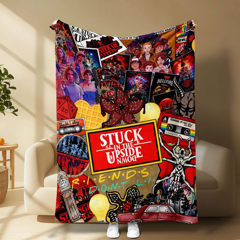 Stranger Things Collage-Style Flannel Blanket, Soft Cozy Warm, Features Upside down & Demogorgon, Ideal Gift for Netflix Fans