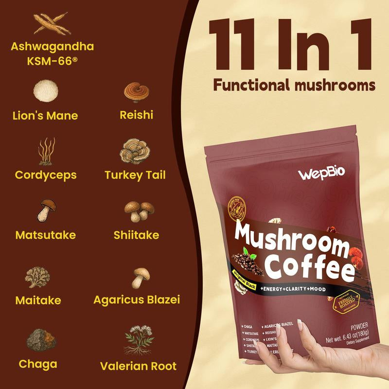 Sugar-Free 11 in 1 Mushroom Coffee Kills Brain Fog Keep Focus Individual Packs 30 Servings Energy Enhancer Clarity Mood Boost Beverage