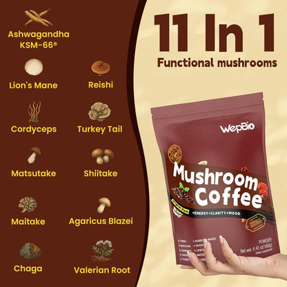 Sugar-Free 11 in 1 Mushroom Coffee Kills Brain Fog Keep Focus Individual Packs 30 Servings Energy Enhancer Clarity Mood Boost Beverage