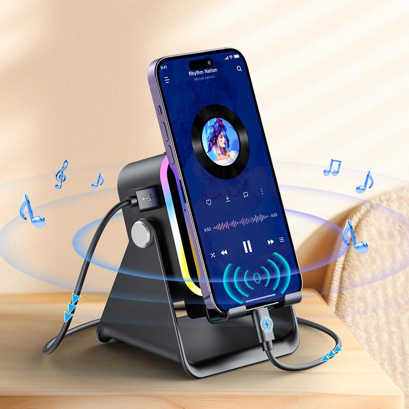 Wireless Induction Audio Speaker Stand, 5In1 Cellphone Holder, 3500Mah Rechargeable Emergency Power Bank,360° Adjustable Mobile Tablet Stand with Colorful Ambient Light Gifts for Men Women,Tiktokshopholidayhaul