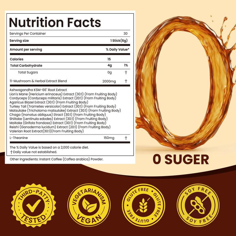 Sugar-Free 11 in 1 Mushroom Coffee Kills Brain Fog Keep Focus Individual Packs 30 Servings Energy Enhancer Clarity Mood Boost Beverage
