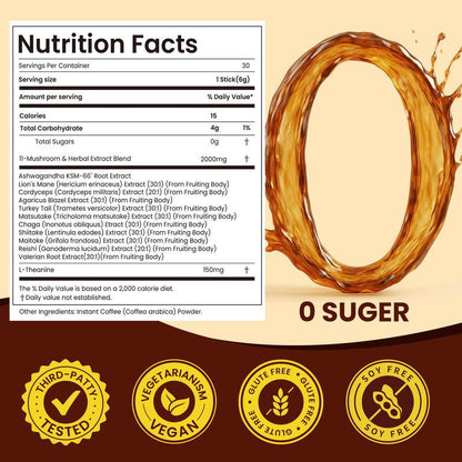 Sugar-Free 11 in 1 Mushroom Coffee Kills Brain Fog Keep Focus Individual Packs 30 Servings Energy Enhancer Clarity Mood Boost Beverage