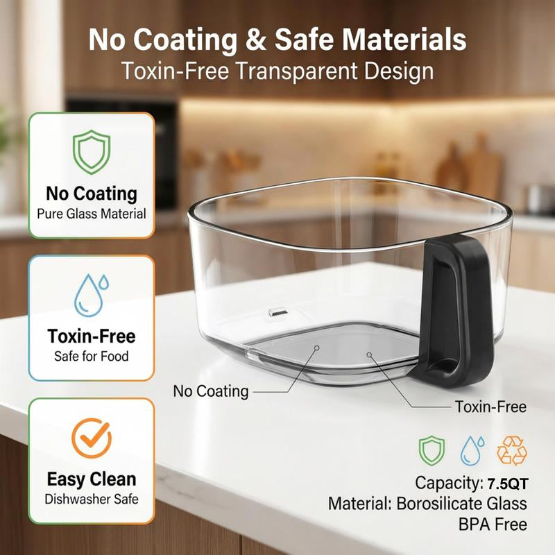 BOSWELL 7.5QT Glass Air Fryer with Transparent Bowl, 5-In-1 Rapid Heating, Dishwasher-Safe Design, Oil-Free, Healthy Crispy Air Fryer