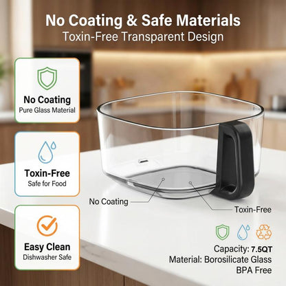 BOSWELL 7.5QT Glass Air Fryer with Transparent Bowl, 5-In-1 Rapid Heating, Dishwasher-Safe Design, Oil-Free, Healthy Crispy Air Fryer