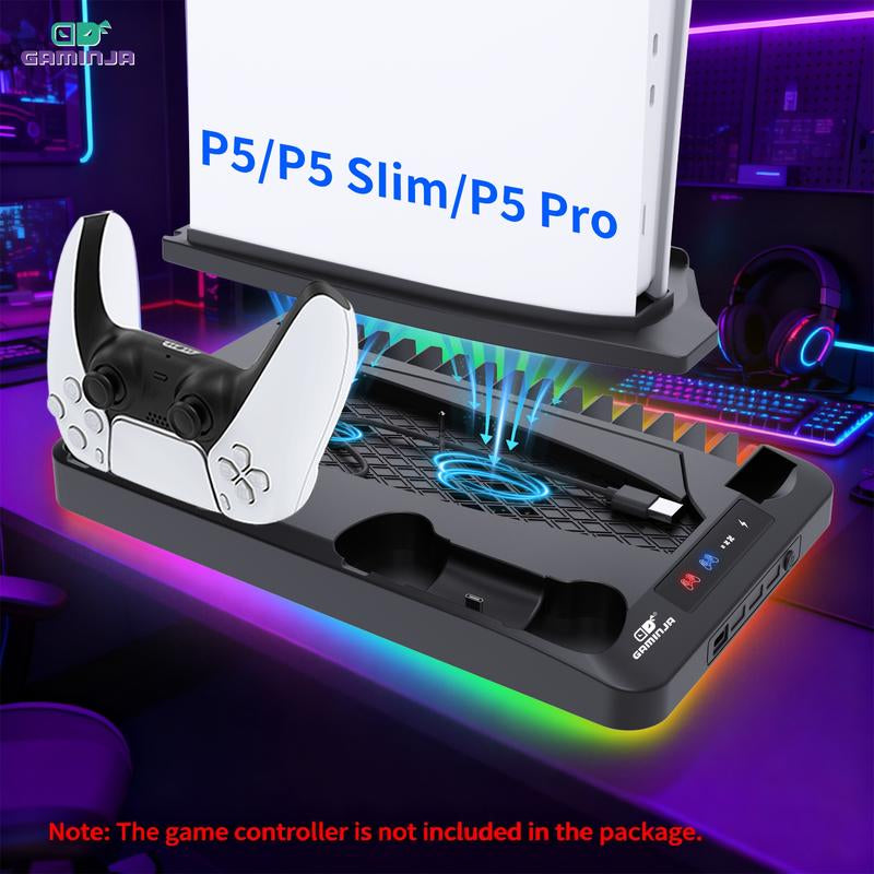 GAMINJA P58 Charging Base Cooling Bracket Compatible with PS5 Console, Vertical Stand Cooling Fan, Multi-Functional Cooling & Charging Station for PS5 Slim Pro All Model Universal