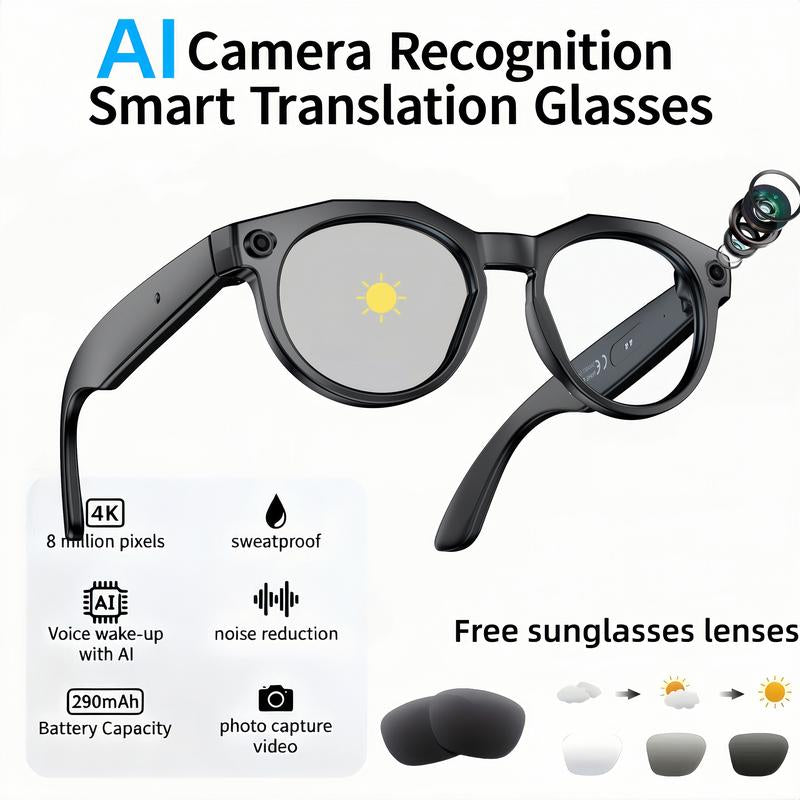 Smart AI Camera Glasses with 8MP Photochromic Lenses ,Button Touch Adjustment for Travel Outdoor Adventures Hands-Free Photography 160+Languages Real-Time Translation Bluetooth Wireless Wearable Video Recording UV Protection ,Black Friday & Cyber Monday