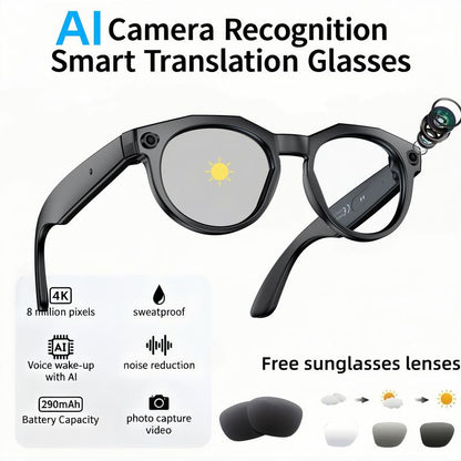 Smart AI Camera Glasses with 8MP Photochromic Lenses ,Button Touch Adjustment for Travel Outdoor Adventures Hands-Free Photography 160+Languages Real-Time Translation Bluetooth Wireless Wearable Video Recording UV Protection ,Black Friday & Cyber Monday