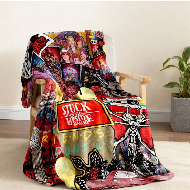 Stranger Things Collage-Style Flannel Blanket, Soft Cozy Warm, Features Upside down & Demogorgon, Ideal Gift for Netflix Fans