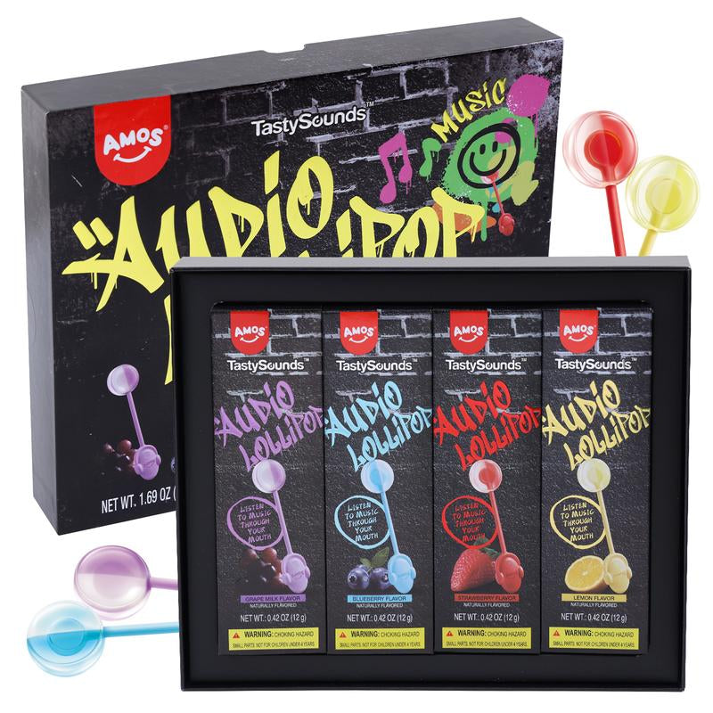 Amos Tastysounds Music Lollipops – Heart-Shaped, Sugar-Free Audio Candies with Bone Conduction Tech | K-Pop Vibe | Strawberry, Blueberry, Watermelon, Blackberry