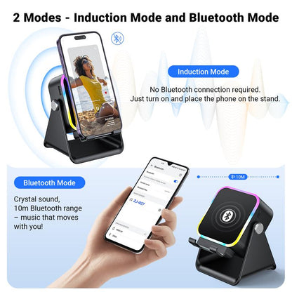 Wireless Induction Audio Speaker Stand, 5In1 Cellphone Holder, 3500Mah Rechargeable Emergency Power Bank,360° Adjustable Mobile Tablet Stand with Colorful Ambient Light Gifts for Men Women,Tiktokshopholidayhaul