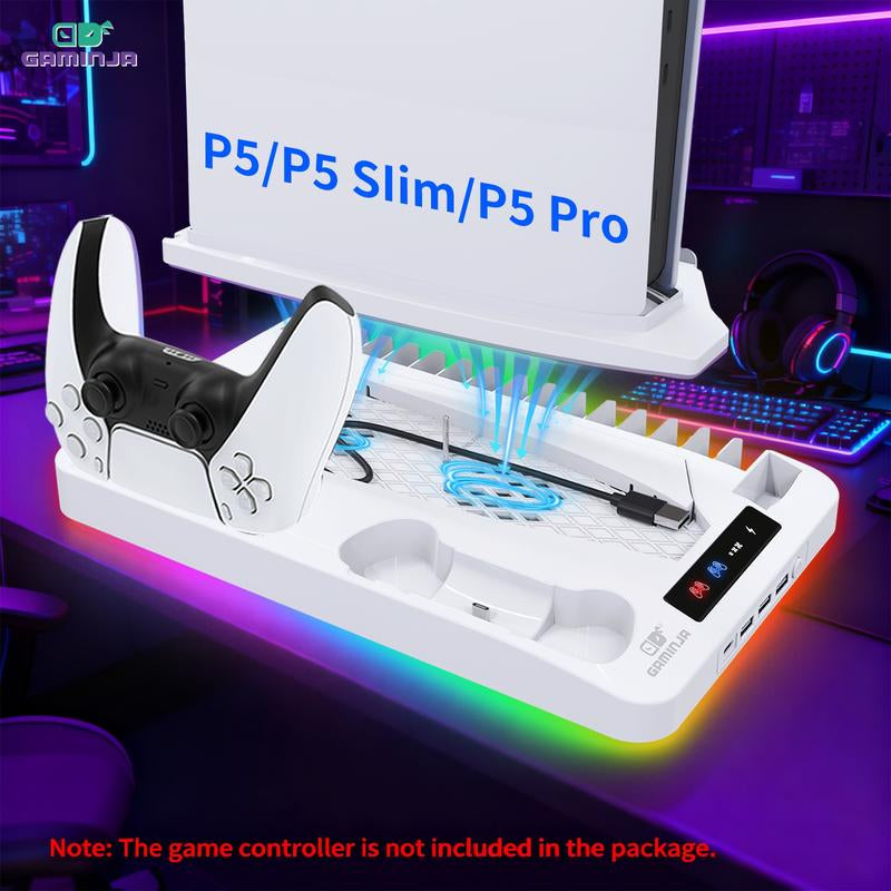 GAMINJA P58 Charging Base Cooling Bracket Compatible with PS5 Console, Vertical Stand Cooling Fan, Multi-Functional Cooling & Charging Station for PS5 Slim Pro All Model Universal