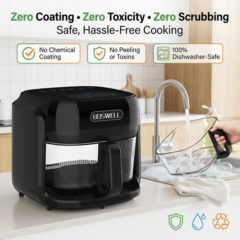 BOSWELL 7.5QT Glass Air Fryer with Transparent Bowl, 5-In-1 Rapid Heating, Dishwasher-Safe Design, Oil-Free, Healthy Crispy Air Fryer