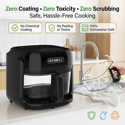 BOSWELL 7.5QT Glass Air Fryer with Transparent Bowl, 5-In-1 Rapid Heating, Dishwasher-Safe Design, Oil-Free, Healthy Crispy Air Fryer