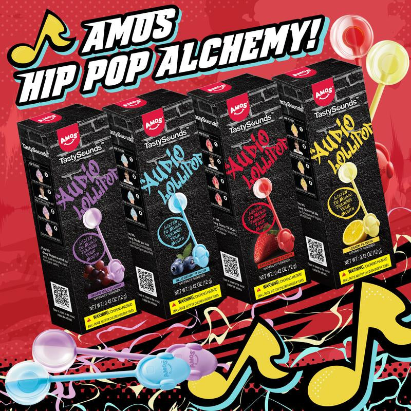 Amos Tastysounds Music Lollipops – Heart-Shaped, Sugar-Free Audio Candies with Bone Conduction Tech | K-Pop Vibe | Strawberry, Blueberry, Watermelon, Blackberry