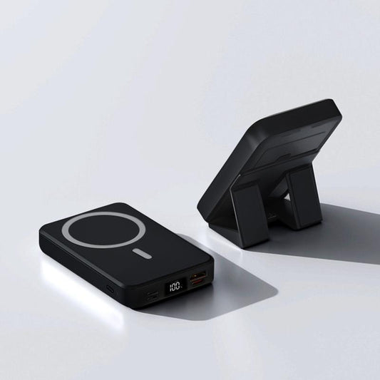 Magnetic Power Bank 10000Mah Wireless Portable Charger with USB-C Cable LED Display Foldable Battery Pack for Iphone 16/15/14/13/12/Pro/Pro Max Series Charging Compact Silicone Black