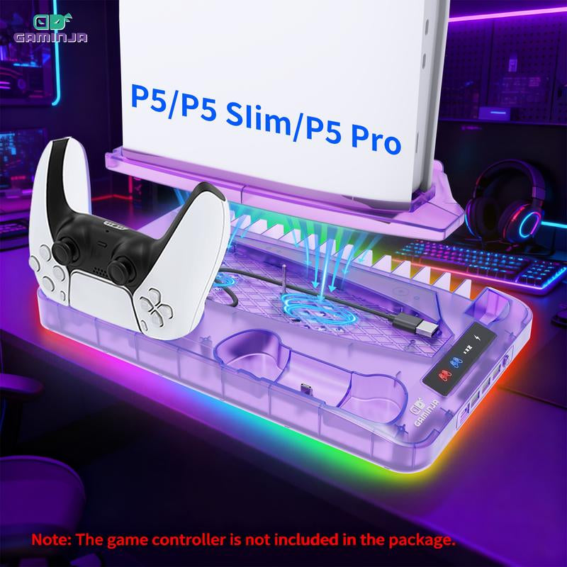 GAMINJA P58 Charging Base Cooling Bracket Compatible with PS5 Console, Vertical Stand Cooling Fan, Multi-Functional Cooling & Charging Station for PS5 Slim Pro All Model Universal