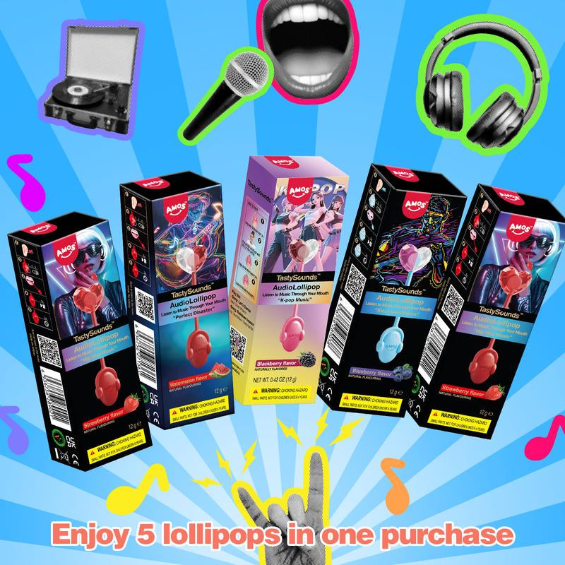 Amos Tastysounds Music Lollipops – Heart-Shaped, Sugar-Free Audio Candies with Bone Conduction Tech | K-Pop Vibe | Strawberry, Blueberry, Watermelon, Blackberry