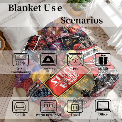 Stranger Things Collage-Style Flannel Blanket, Soft Cozy Warm, Features Upside down & Demogorgon, Ideal Gift for Netflix Fans