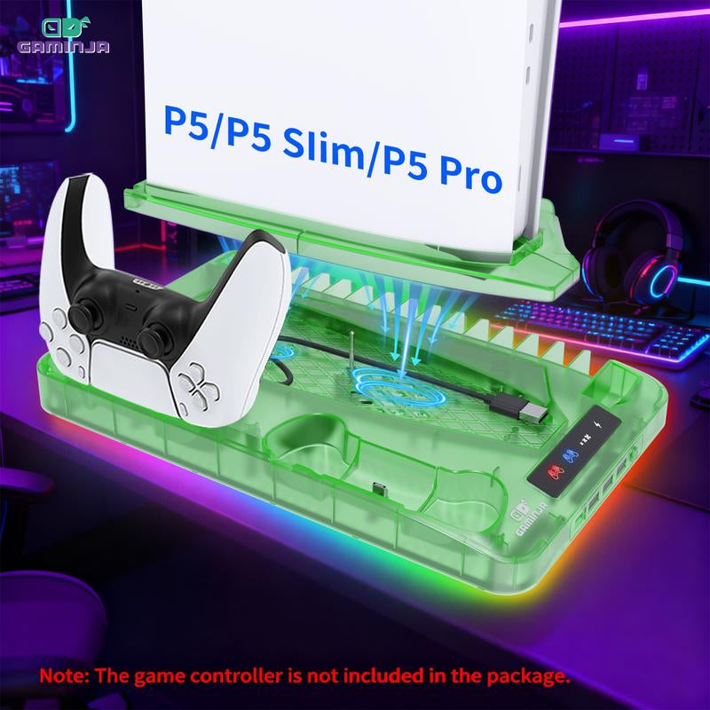 GAMINJA P58 Charging Base Cooling Bracket Compatible with PS5 Console, Vertical Stand Cooling Fan, Multi-Functional Cooling & Charging Station for PS5 Slim Pro All Model Universal