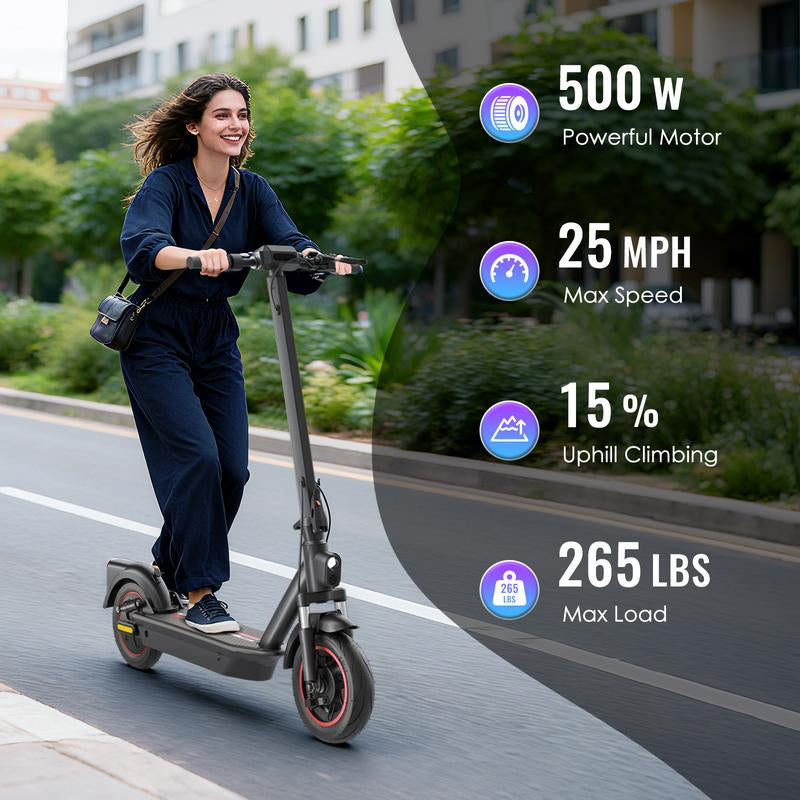 Max Pro Electric Scooter 500W Rear Drive Motor 25MPH Top Speed Dual Hydraulic Suspension 15Ah Large Battery 28 Miles Long Range 5H Fast Charging Foldable Design Smart APP Control Front and Rear Lights Official Warranty