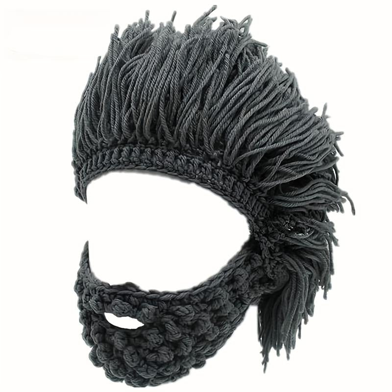 Acrylic Punk Style Beanie with Attached Straight Hair Wig and Knitted Beard, Fun Party Ski Mask Hat for Halloween, Christmas, and Holiday Celebrations Accessory Gift Black