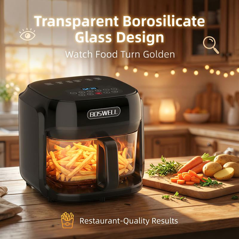 BOSWELL 7.5QT Glass Air Fryer with Transparent Bowl, 5-In-1 Rapid Heating, Dishwasher-Safe Design, Oil-Free, Healthy Crispy Air Fryer