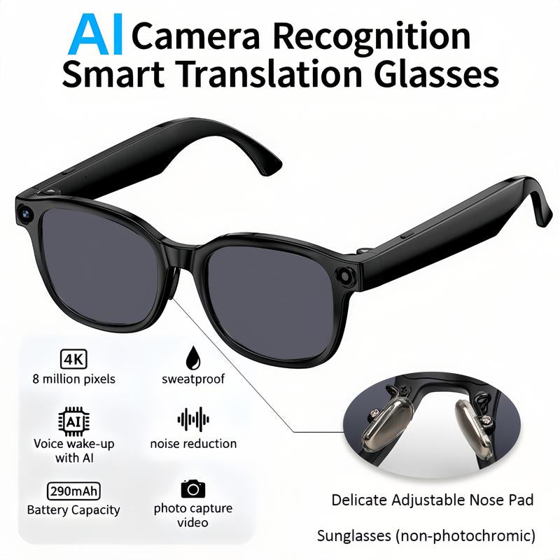 Smart AI Camera Glasses with 8MP Photochromic Lenses ,Button Touch Adjustment for Travel Outdoor Adventures Hands-Free Photography 160+Languages Real-Time Translation Bluetooth Wireless Wearable Video Recording UV Protection ,Black Friday & Cyber Monday