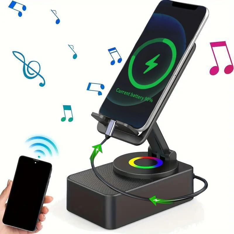 Wireless Audio Bluetooth Speaker 5In1 Phone Holder Emergency Rechargeable Withcolorful Ambient Light 300° Foldable for Tablet Iphone Android, Gifts for Men Women ，Black