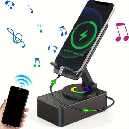Wireless Audio Bluetooth Speaker 5In1 Phone Holder Emergency Rechargeable Withcolorful Ambient Light 300° Foldable for Tablet Iphone Android, Gifts for Men Women ，Black