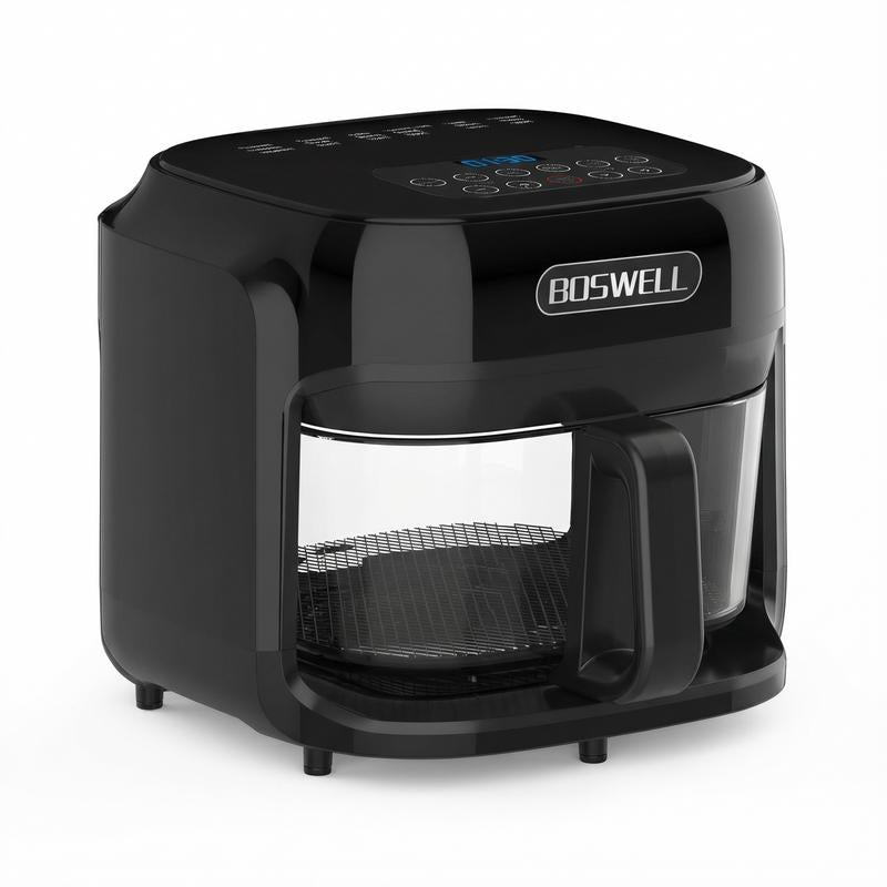 BOSWELL 7.5QT Glass Air Fryer with Transparent Bowl, 5-In-1 Rapid Heating, Dishwasher-Safe Design, Oil-Free, Healthy Crispy Air Fryer