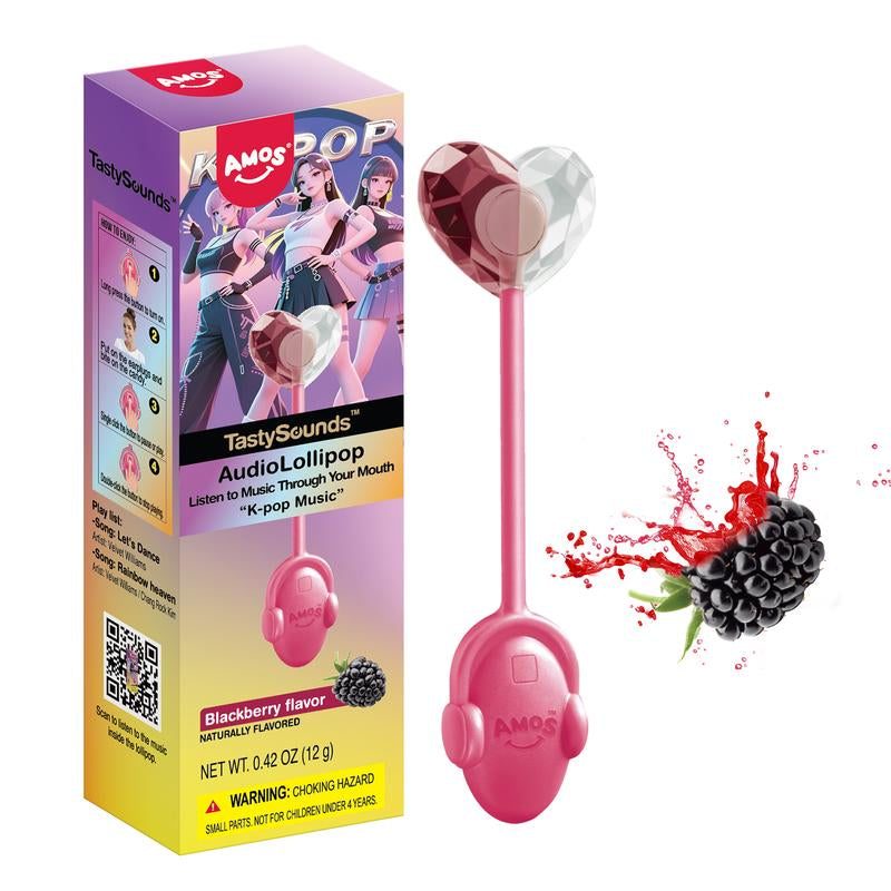 Amos Tastysounds Music Lollipops – Heart-Shaped, Sugar-Free Audio Candies with Bone Conduction Tech | K-Pop Vibe | Strawberry, Blueberry, Watermelon, Blackberry