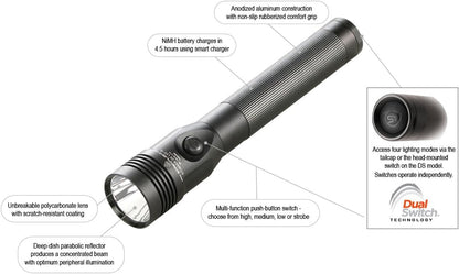 75458 Stinger DS LED HL 800-Lumen Rechargeable Dual Switch Flashlight with 120-Volt Ac/12-Volt DC Smart Charge Piggyback Charger (Nimh), Black