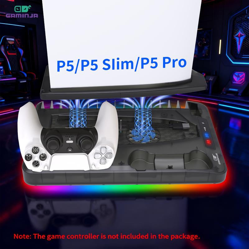 GAMINJA P58 Charging Base Cooling Bracket Compatible with PS5 Console, Vertical Stand Cooling Fan, Multi-Functional Cooling & Charging Station for PS5 Slim Pro All Model Universal