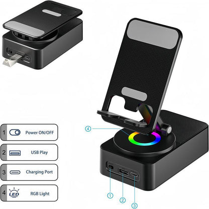 Wireless Audio Bluetooth Speaker 5In1 Phone Holder Emergency Rechargeable Withcolorful Ambient Light 300° Foldable for Tablet Iphone Android, Gifts for Men Women ，Black