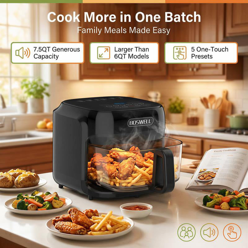 BOSWELL 7.5QT Glass Air Fryer with Transparent Bowl, 5-In-1 Rapid Heating, Dishwasher-Safe Design, Oil-Free, Healthy Crispy Air Fryer