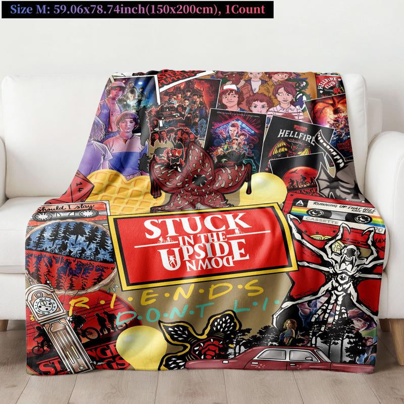 Stranger Things Collage-Style Flannel Blanket, Soft Cozy Warm, Features Upside down & Demogorgon, Ideal Gift for Netflix Fans