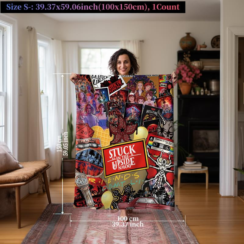 Stranger Things Collage-Style Flannel Blanket, Soft Cozy Warm, Features Upside down & Demogorgon, Ideal Gift for Netflix Fans