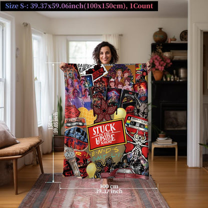 Stranger Things Collage-Style Flannel Blanket, Soft Cozy Warm, Features Upside down & Demogorgon, Ideal Gift for Netflix Fans