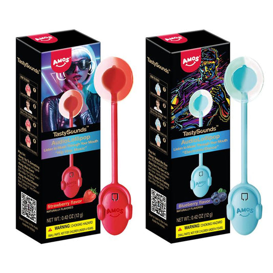 Amos Tastysounds Music Lollipops – Heart-Shaped, Sugar-Free Audio Candies with Bone Conduction Tech | K-Pop Vibe | Strawberry, Blueberry, Watermelon, Blackberry