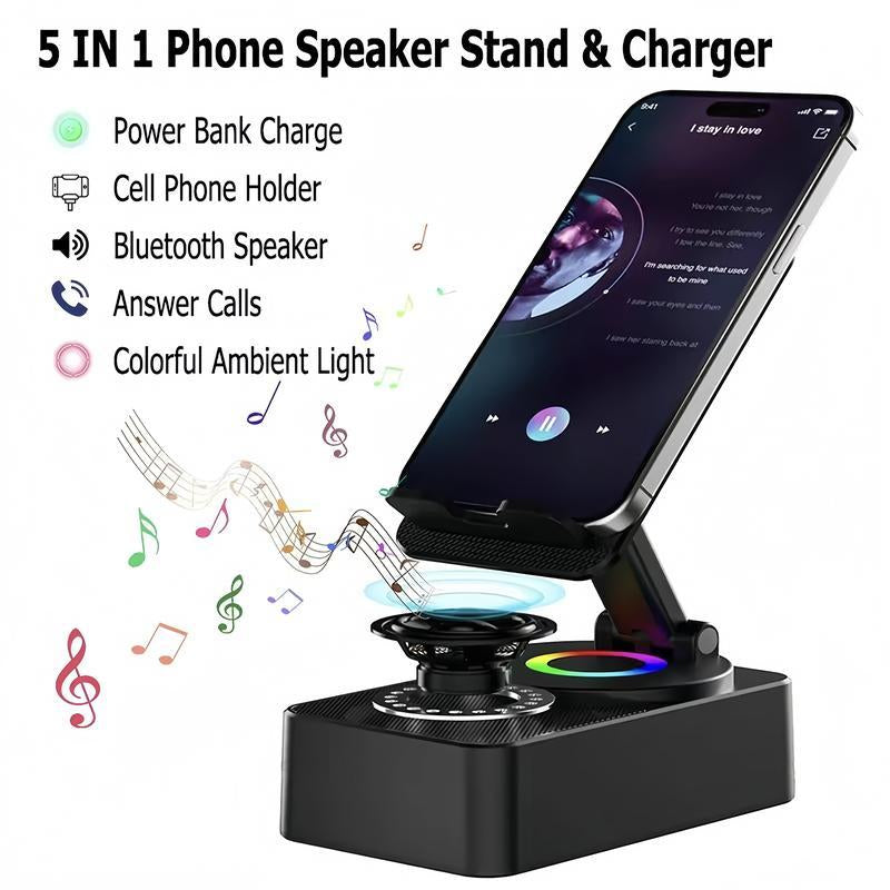 Wireless Audio Bluetooth Speaker 5In1 Phone Holder Emergency Rechargeable Withcolorful Ambient Light 300° Foldable for Tablet Iphone Android, Gifts for Men Women ，Black