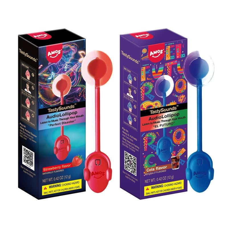 Amos Tastysounds Music Lollipops – Heart-Shaped, Sugar-Free Audio Candies with Bone Conduction Tech | K-Pop Vibe | Strawberry, Blueberry, Watermelon, Blackberry